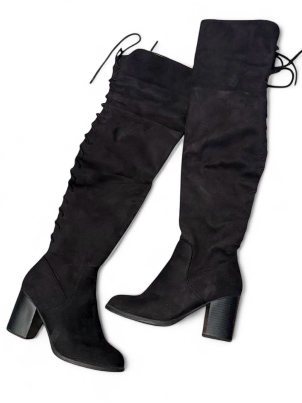 Black Suede Over-the-Knee Block Heel Lace Up Boots | Egdy Stylish Chic